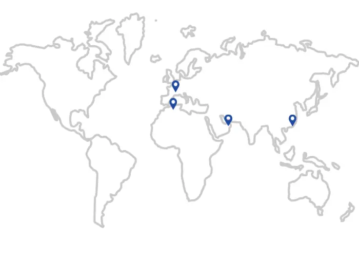 Carte des implantations du Groupe Harris — Lyon, Alger, Oran, Shanghai, UAE